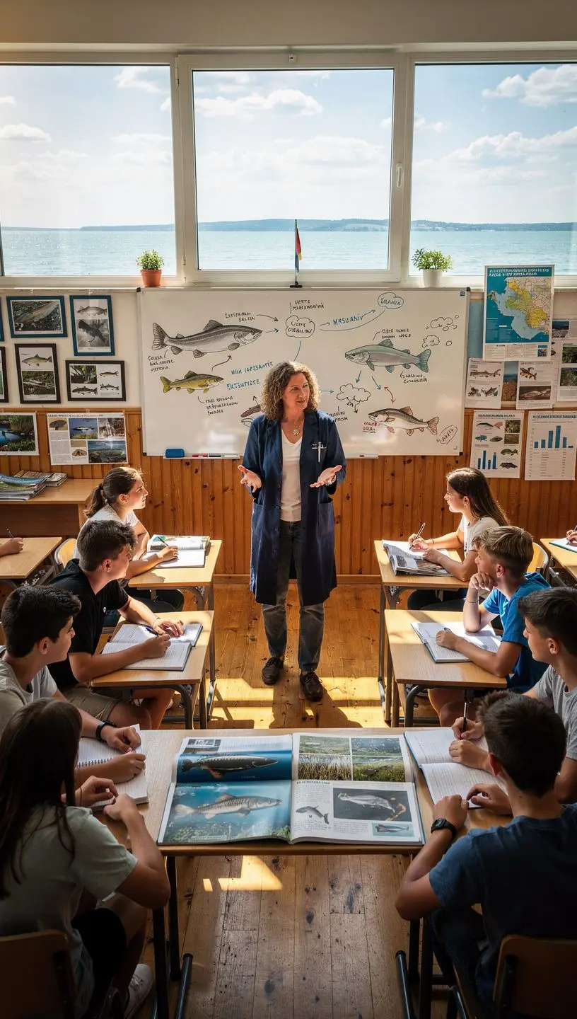 Tengerparti táj, amely a tengeri élőhelyek védelmét hangsúlyozza, naplementében.