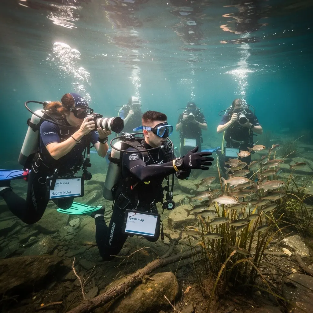 A tengerfenék élővilágát bemutató részletes makrófelvétel, amely különböző algák és kis állatok sokaságát tartalmazza.